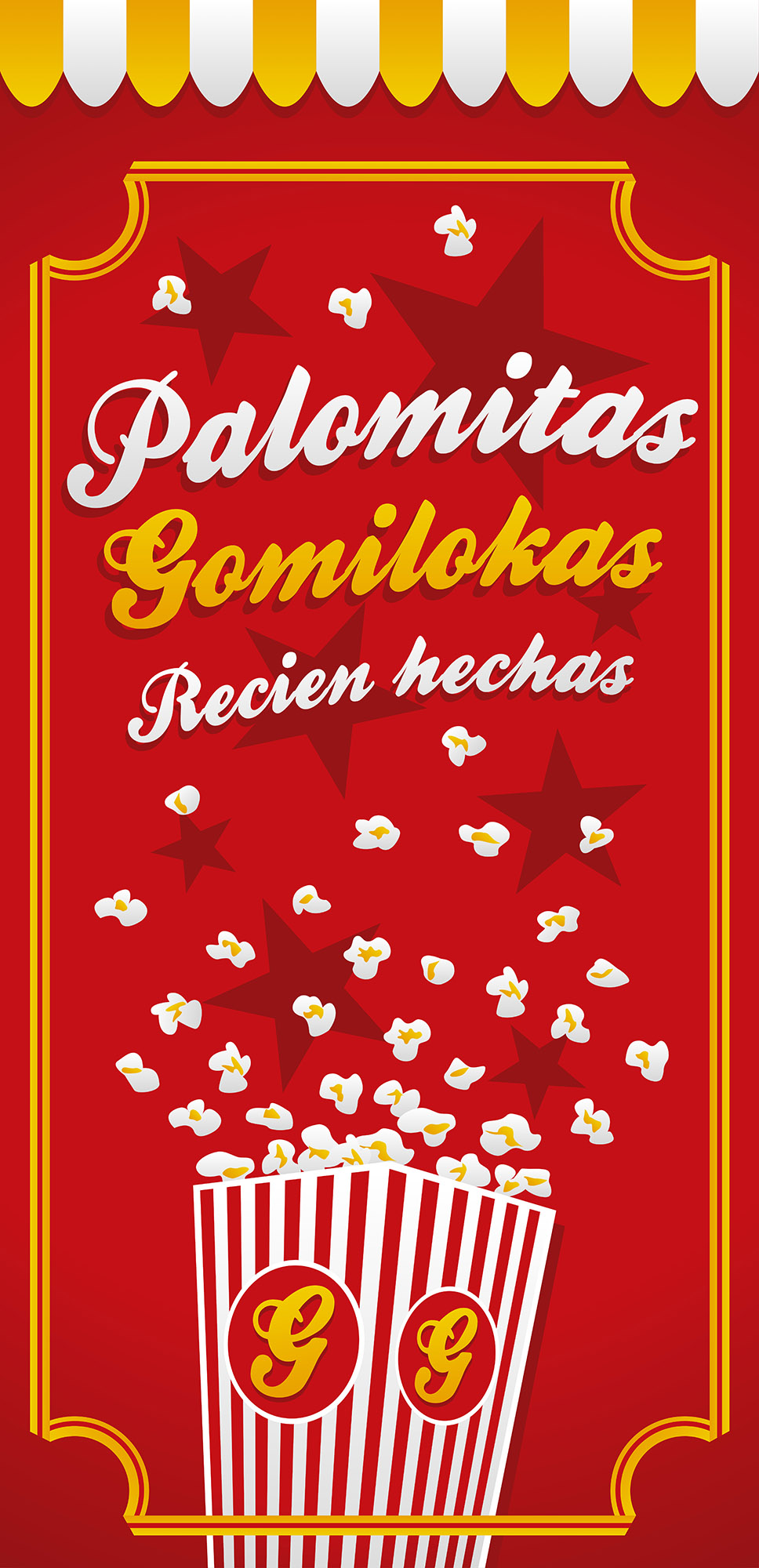 Cartel promocional y bolsas para palomitas de Gomilokas